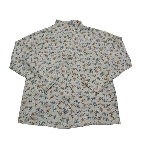 Euro Joy Shirt Womens M Ivory Long Sleeve High Neck Full Zip Print Blouse - Picture 1 of 16